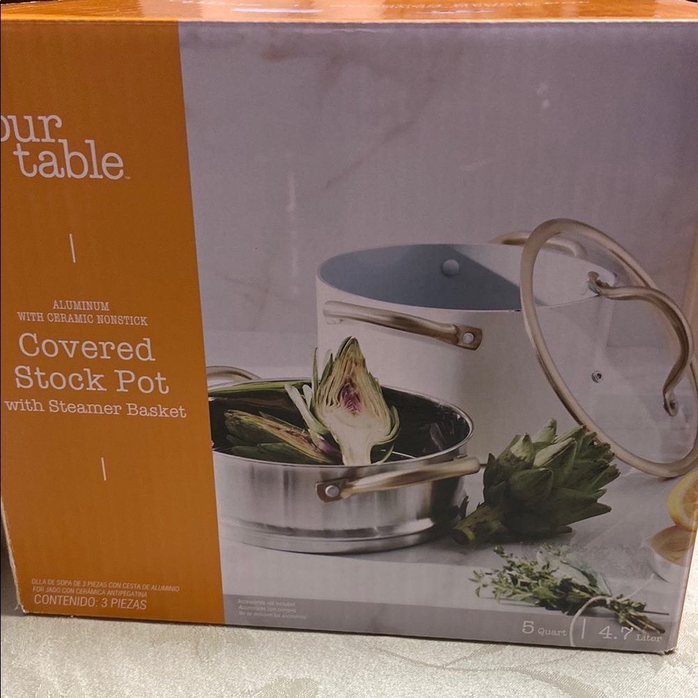 Our Table Covered Stock Pot with Steamer Basket